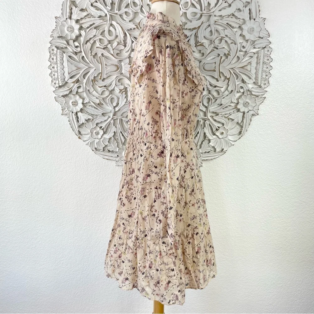 {BA&SH} Belle Pleated Ruffle Floral Cotton-Gauze Dress, Size L, NWT